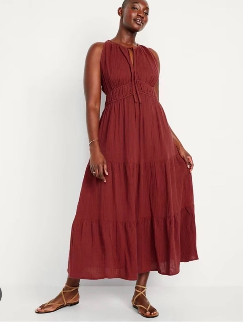 Old Navy Sleeveless Tie-Neck Tiered Maxi Dress in Wine